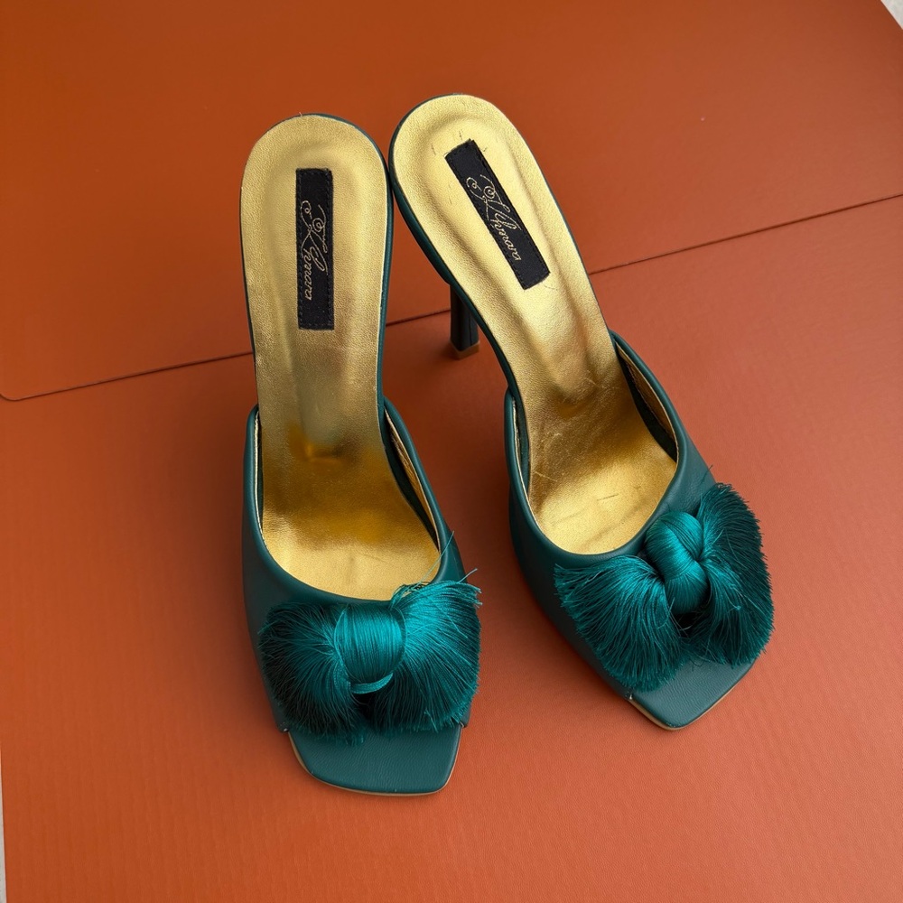 Ukrainian Designer Handmade Green Leather Heels with Tassel Bow Detail